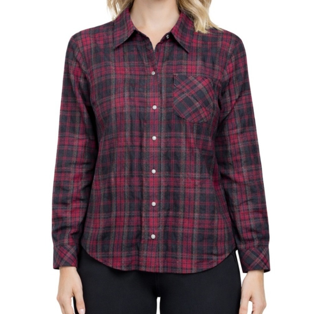 Athleta Womens Red Black Plaid Button Down Shirt Long Sleeve Flannel Size M